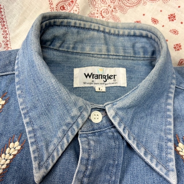 sh●448 レトロ古着 70s Wrangler 刺繍ウエスタンデニムシャツ M～L ラングラー オールド ヴィンテージ 経年変化 カウボーイ オリジナル