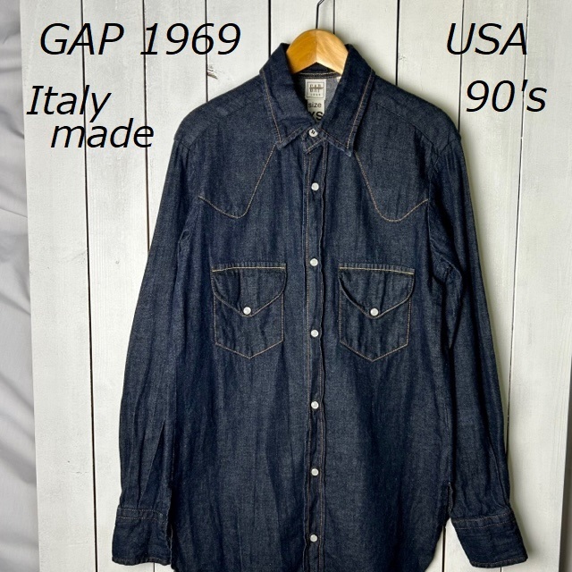 sh●451 美品 USA古着 90s イタリア製 初期 GAP 1969 ウエスタンデニムシャツ S～M程度 濃紺 オールド ギャップ アメリカ old GAP 長袖_画像1