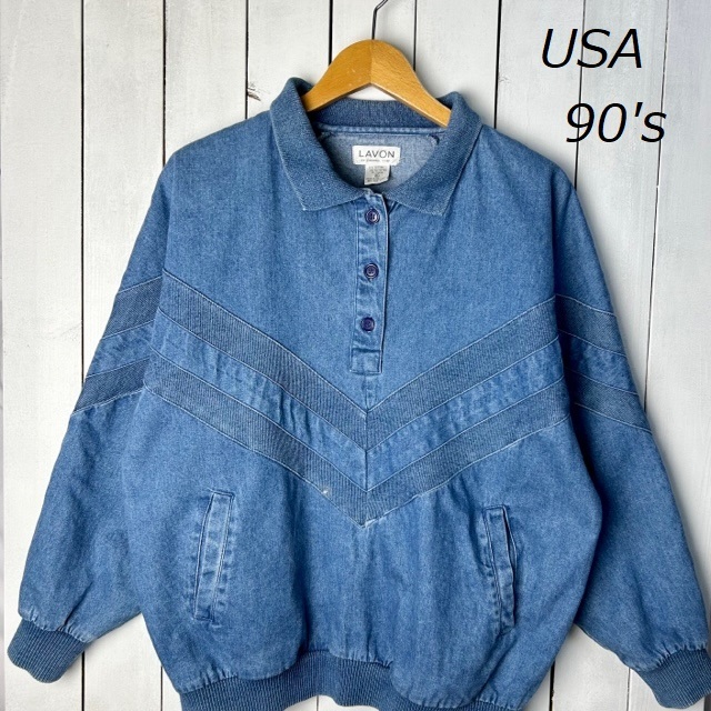 sh●454 USA古着 90s ゆったり プルオーバーデニムブルゾン シャツカットソー L～XL オールド ヴィンテージ アメリカ古着 インディゴ 長袖_画像1