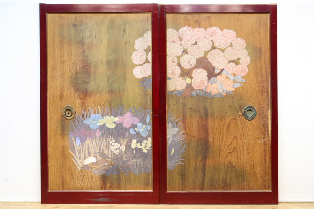 古福庵【F7755a　2枚1組　幅1080ミリ　朱色枠で華やかな花模様が美しく映える板絵戸】和 アンティーク