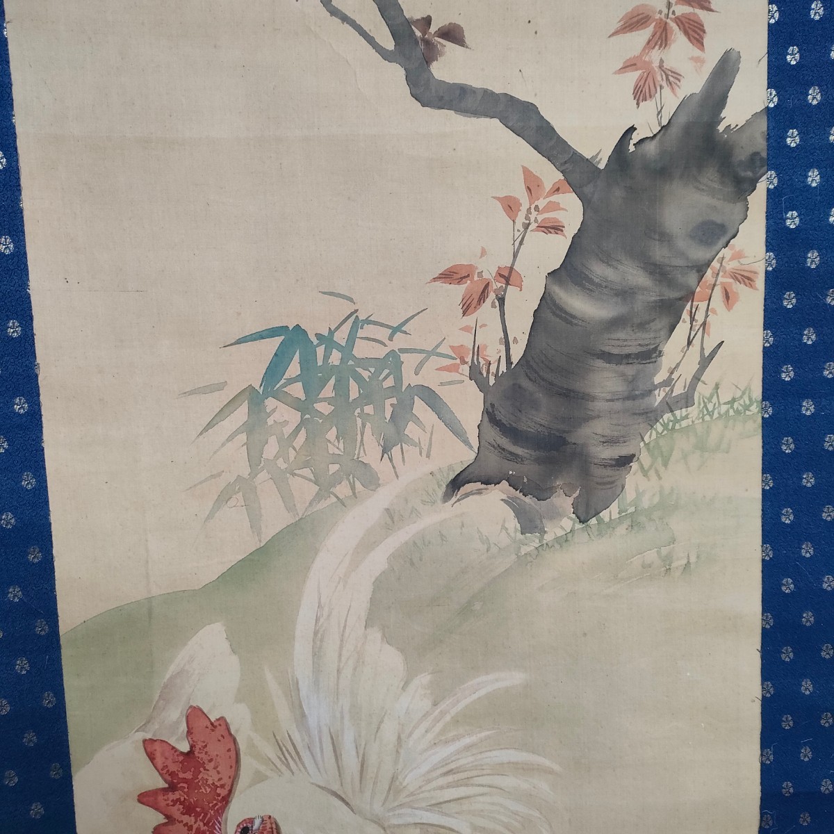 真作 川船水棹 絹本肉筆 にわとり 桜 長野県内より蔵出し 花鳥 日本画家 日本画 掛け軸 掛軸 ｌ8-2の画像3