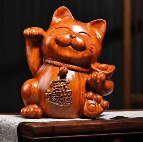 花梨木彫 招き猫 玄関 客間の置物 招財 木彫り 開運 jaguarbite.com