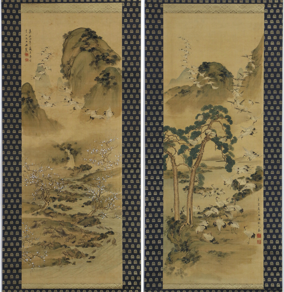 [ genuine work Edo animal picture ] hanging scroll [&#30976; west . thousand crane thousand turtle map . width ]..4 year 41 -years old Edo latter term painter small rice field sea .. under picture 