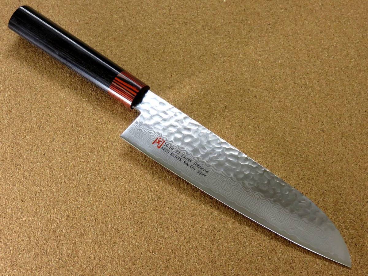 関の刃物 三徳包丁 18cm (180mm) 伊勢屋 V金10号 33層 ダマスカス 鎚目 黒パッカー 家庭用 肉 魚処理 野菜切 両刃万能包丁 文化包丁 日本製