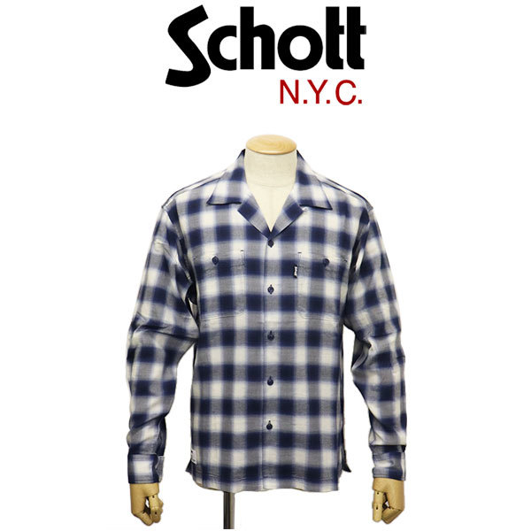 Schott (ショット) 3120007 OMBRE オンブレ PLAID L/S SHIRT ロングスリーブ チェックシャツ 110(84)BLUE M
