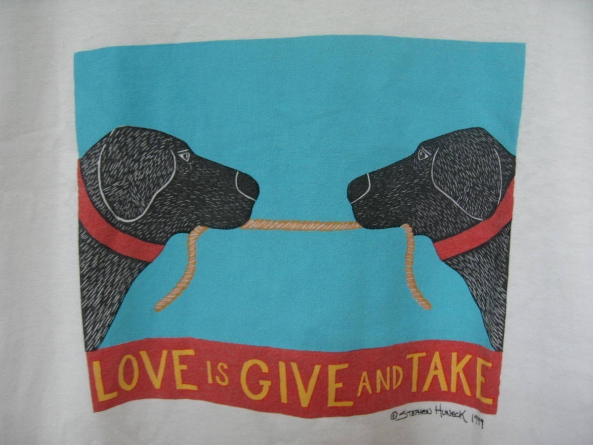 90's Stephen Huneck LOVE IS GIVE AND TAKE Vintage Art Tee size S Fruit of the loom 犬 アート Tシャツ ビンテージ_画像2
