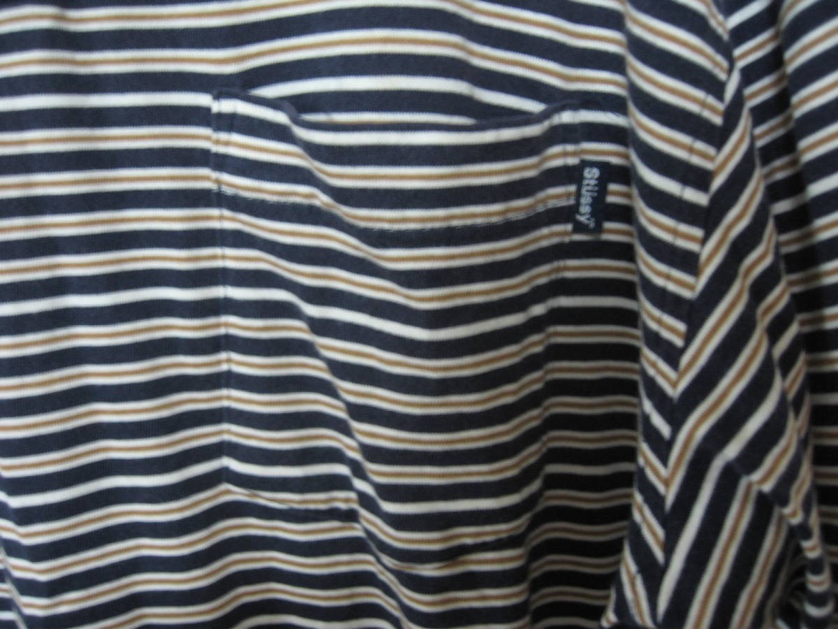 90\'s OLD STUSSY polo-shirt with long sleeves size XL multi border navy blue tag 