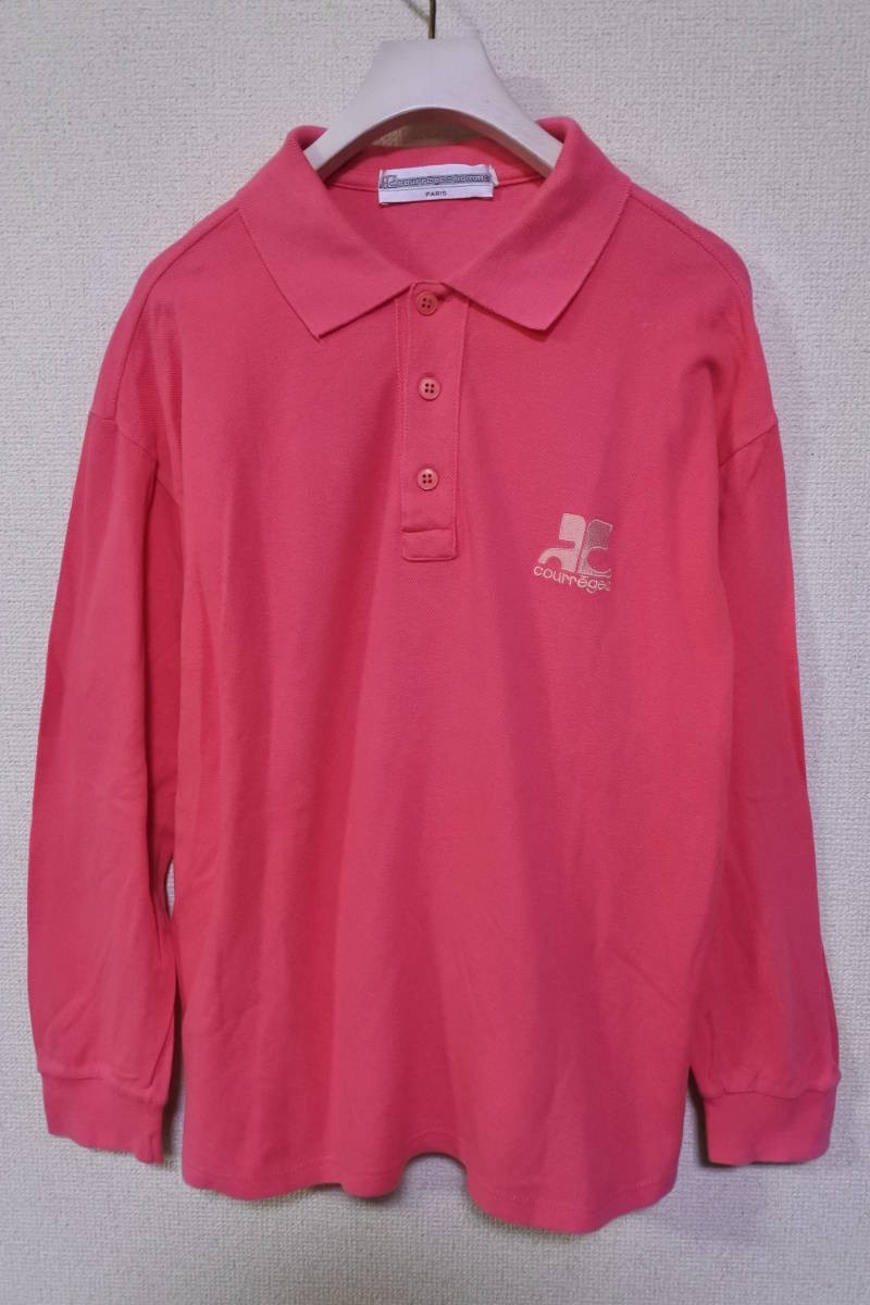 80's courrage homme Vintage Golf Shirts size S クレージュオム 長袖 ポロシャツ イタリア製 ロゴ刺繍 ピンク_画像1
