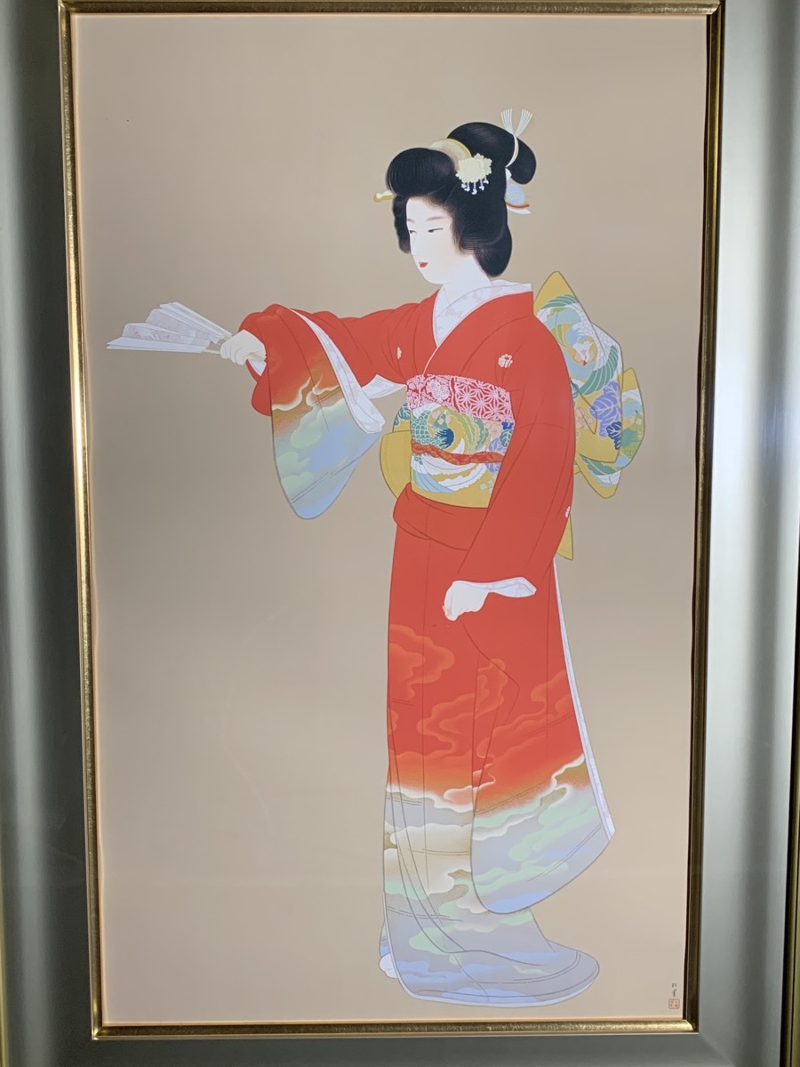 『上村松園 序の舞 シルクスクリーン 限定24/300 絵縦72cm × 横44cm　真作保証日芸版画院印 日本画 美人画 額付き』_画像2