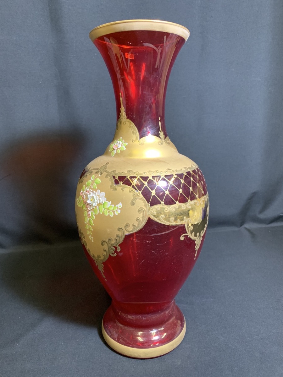 [ Italy made red metal . flower . glass vase height 42cm Venetian interior decoration ]