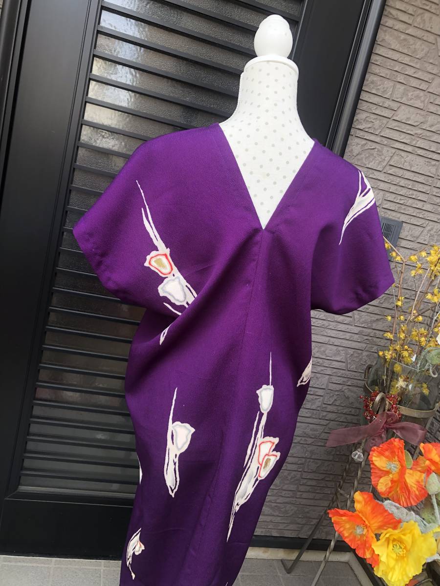 ハンドメイド ロング丈ワンピース 紫 着物リメイク・和服リメイク 古布