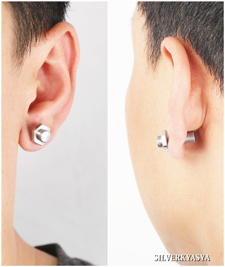  stainless steel earrings one-side ear nut earrings hex bolt stud tool ( silver )