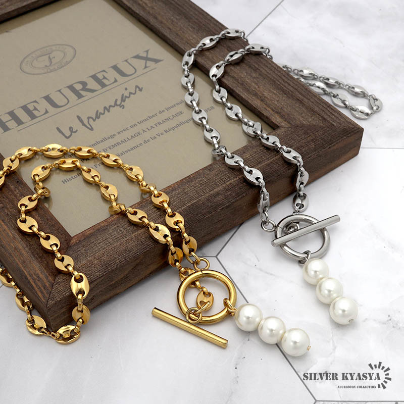 レディースネックレス アンカーチェーン パール ステンレス 18k マンテル ハンドメイド (ゴールド、45cm)