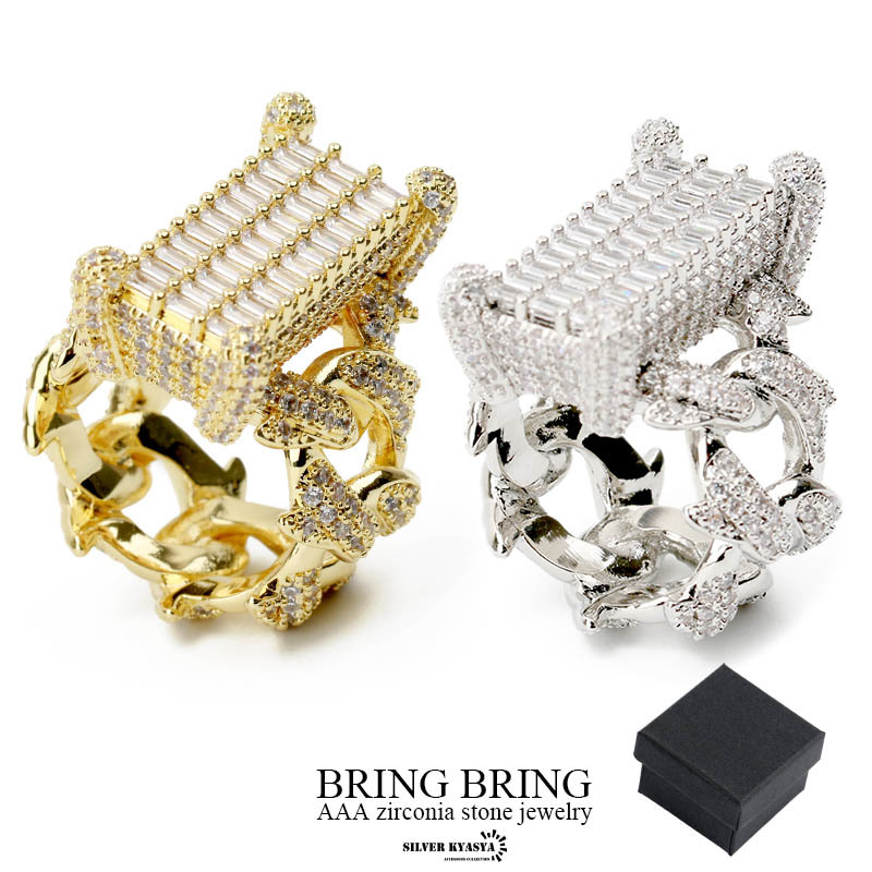 世界的に GP 18K CZ 印台リング パヴェ喜平チェーンモチーフ (ゴールド