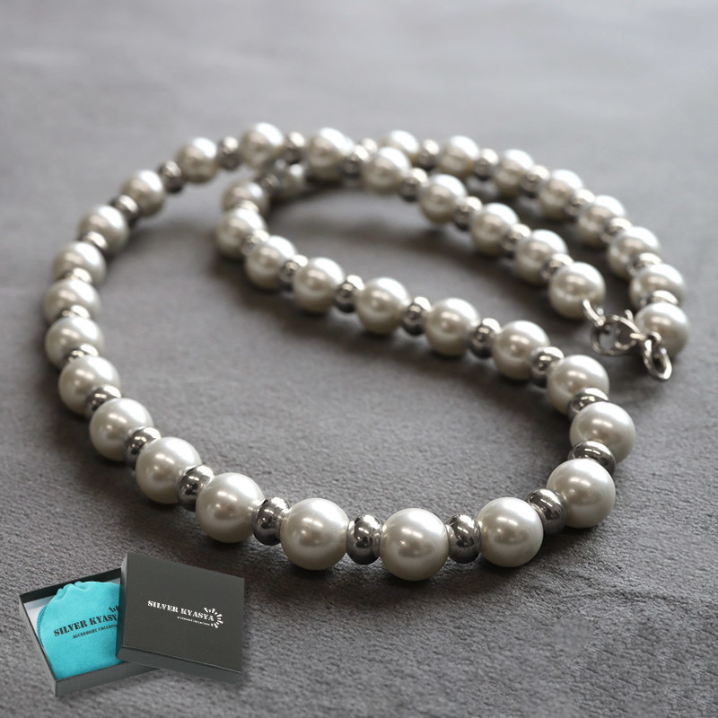 18Kメッキ ハンドメイド pearl necklace 銀色 ステンレス (50cm)_画像1
