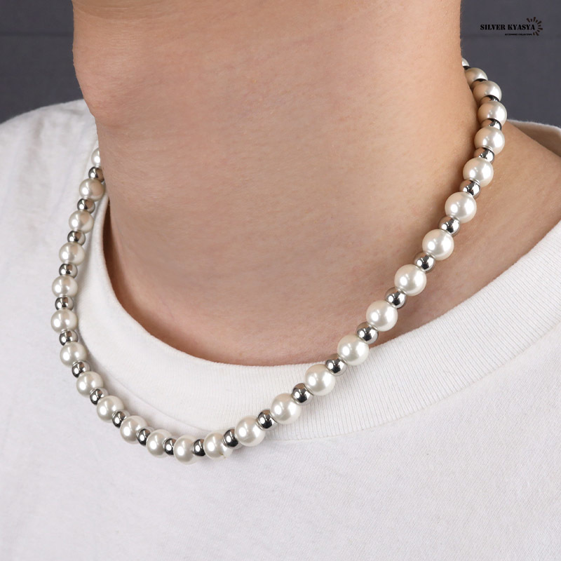 18Kメッキ ハンドメイド pearl necklace 銀色 ステンレス (50cm)_画像8