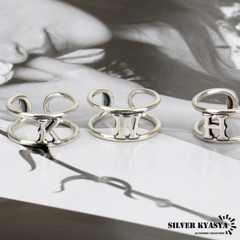  silver 925 initial ring simple ring ring H K W character alphabet silver open ring free size (K)