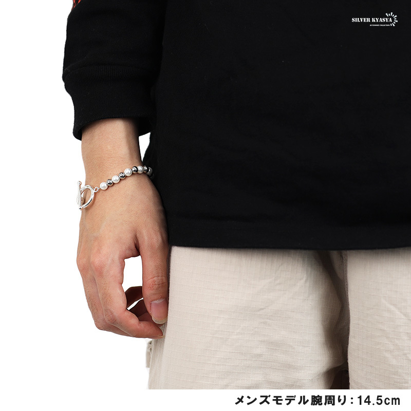 メンズ パール ブレスレット マンテル 男性 ハンドメイド ホワイト 真珠 ボール ビーズ 6mm シンプル (20cm)_画像7