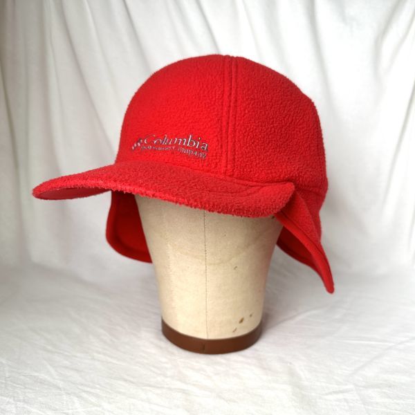 90s Columbia USA made year flap fleece cap ONE SIZE red to trumpet - hat Pilot ear present . Colombia 80s Vintage 