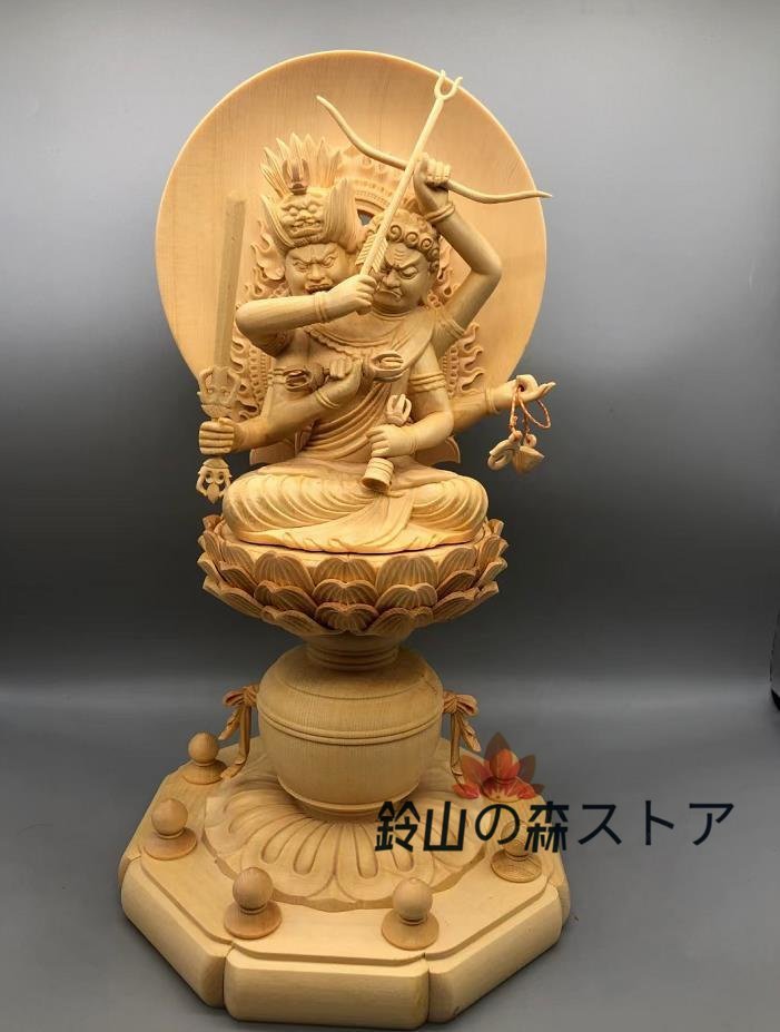 極上品 両頭愛染明王像 最新作 総檜材 木彫仏像 仏教美術 精密細工 高さ30cm