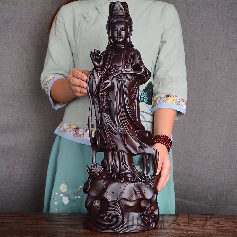 極上品★仏教美術 細密彫刻 木彫り　黒檀木 観音菩薩立像　仏像　工芸品 高さ50cm