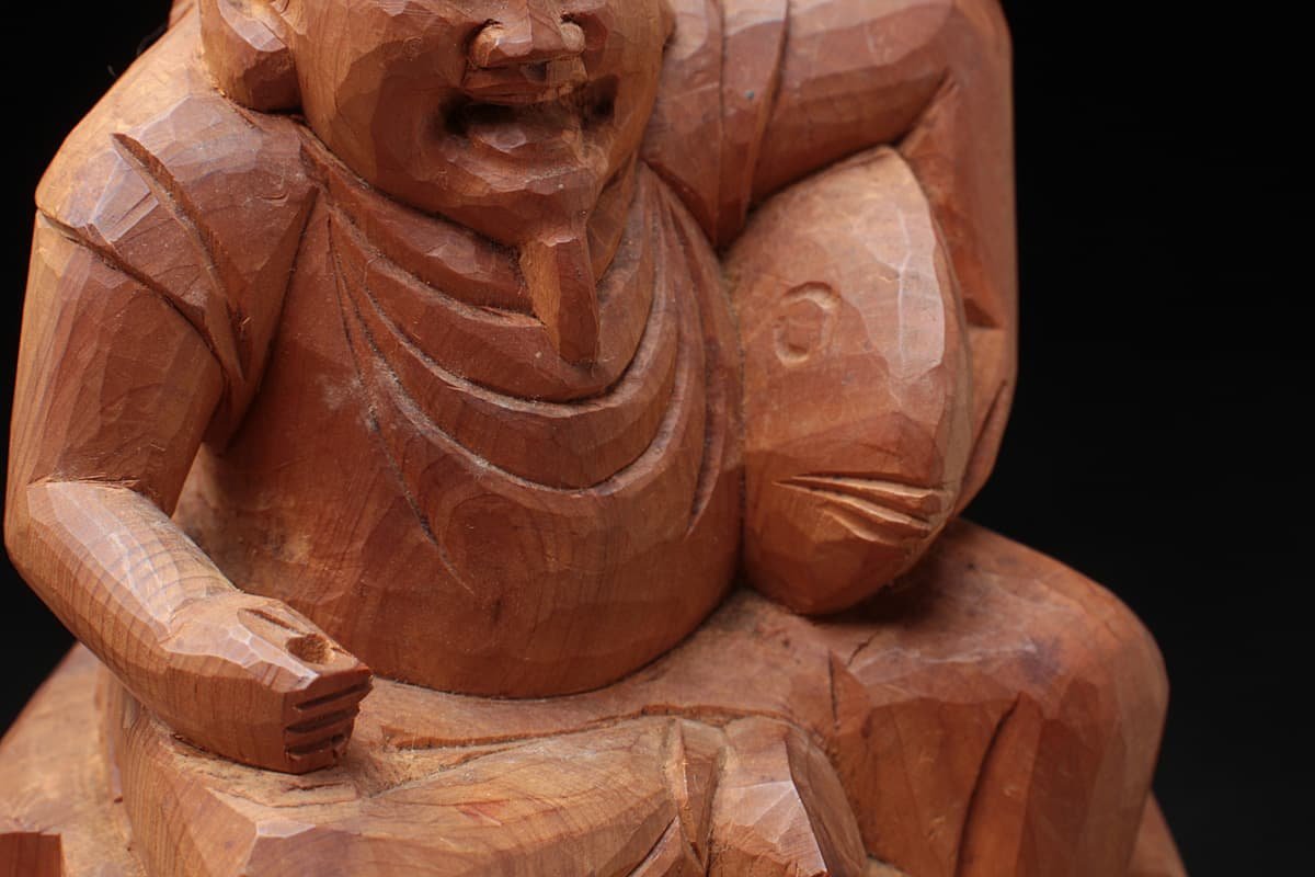 木彫り 白檀製 仏像 福神像 宝田恵比寿神社本尊謹写 恵比寿天像 七福神