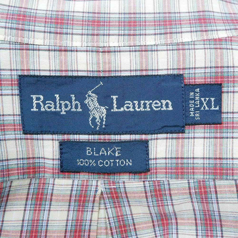 ポロラルフローレン POLO RALPH LAUREN 90s ボタンダウンシャツ BD BLAKE 定番 ロゴ 刺繍 古着 (8431) ベージュ系 チェック柄 XL_画像2