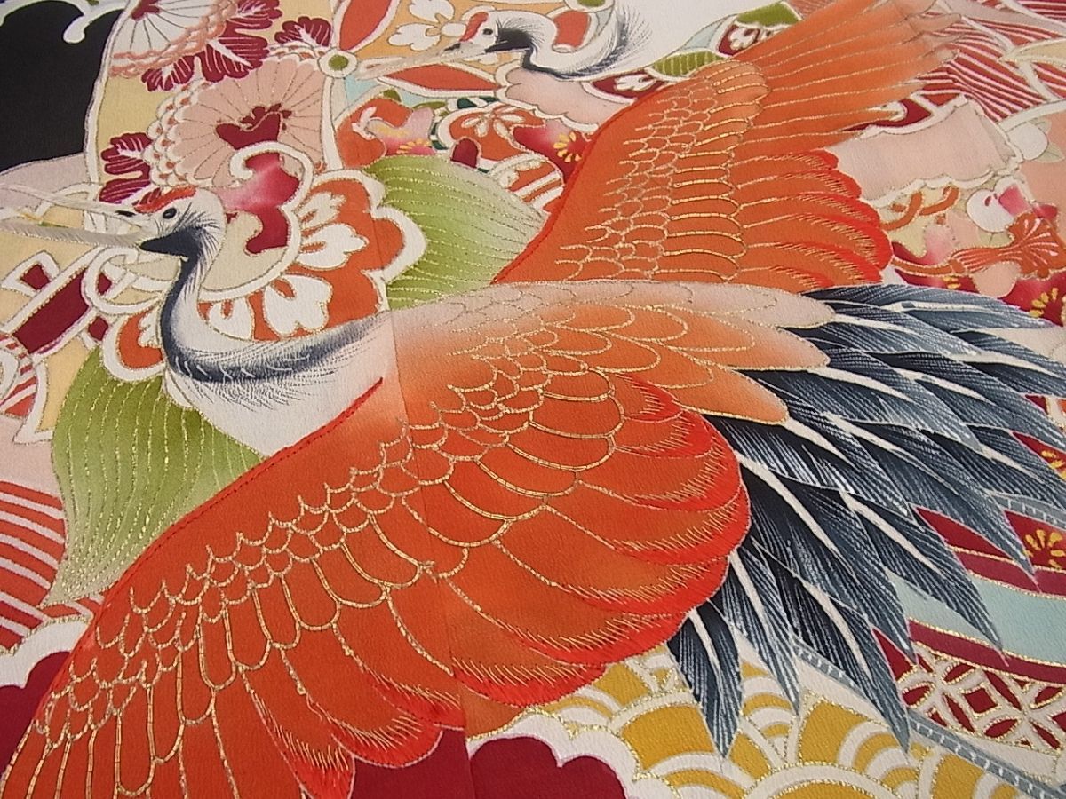 ください】 平和屋着物□極上 アンティーク 振袖 刺繍 群鶴吉祥花文
