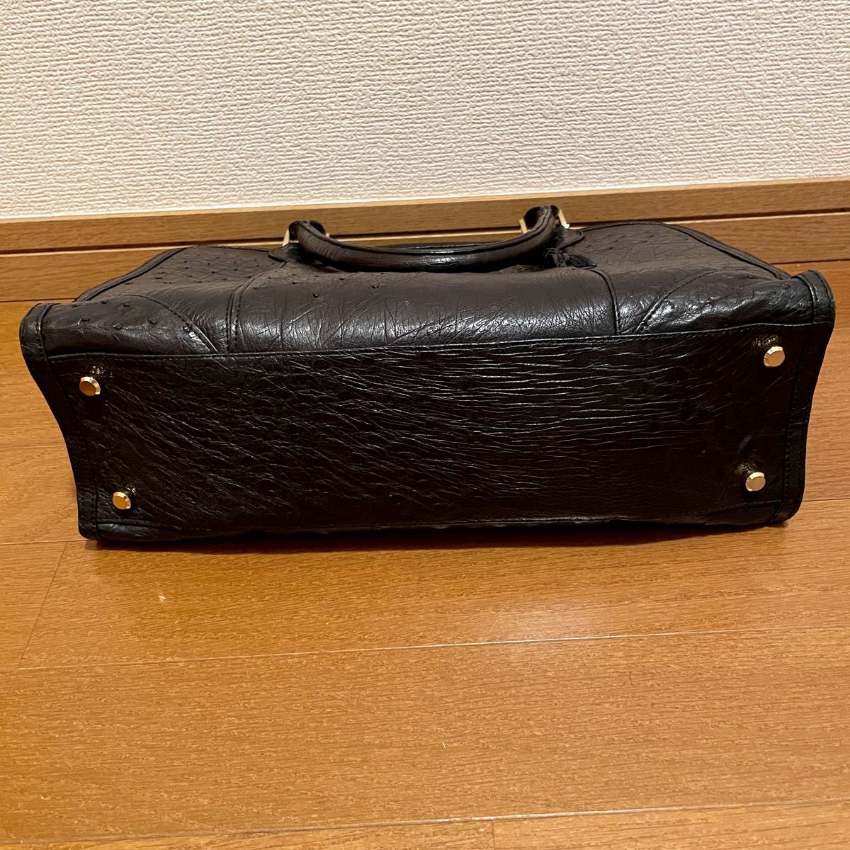 ダークブラウン 茶色 JRA認定 オーストリッチ ハンドバッグ ブラック