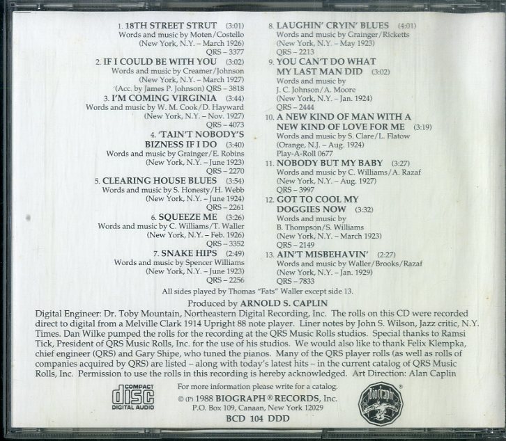 D00148088/CD/ファッツ・ウォーラー(THOMAS FATS WALLER)「Classic Jazz From Rare Piano Rolls (1988年・BCD-104-DDD・スウィングJAZZ・の画像2