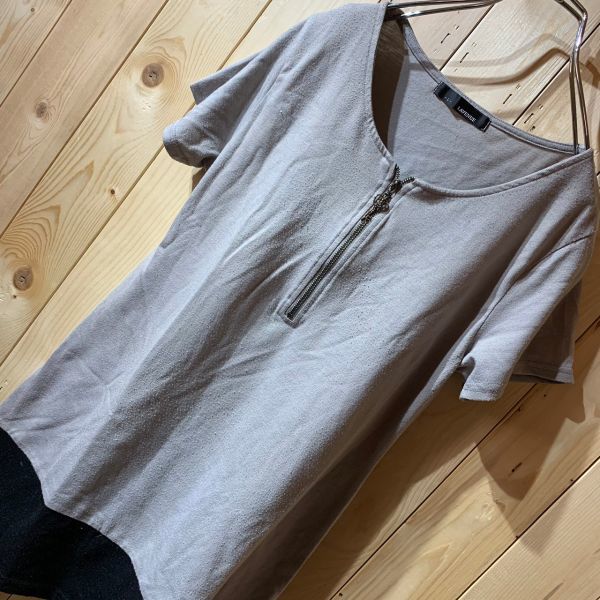 [KY261]LAVENUE half Zip short sleeves T-shirt gray ju black lady's L pohs 