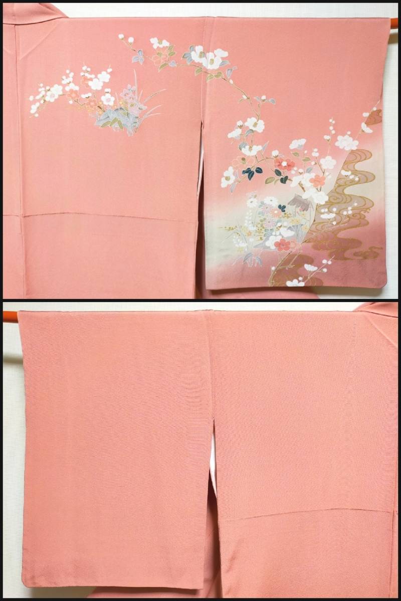 FO12 着物 袷 正絹 訪問着 朱鷺色地 桜藤菊流水文 風景文様 裄丈66.5cm 美品_画像3