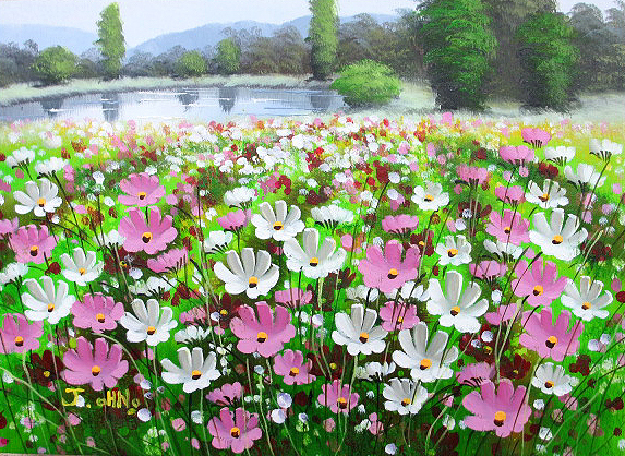 油彩画 洋画 (油絵額縁付きで納品対応可) F4号 「コスモス畑」 大野純一-
