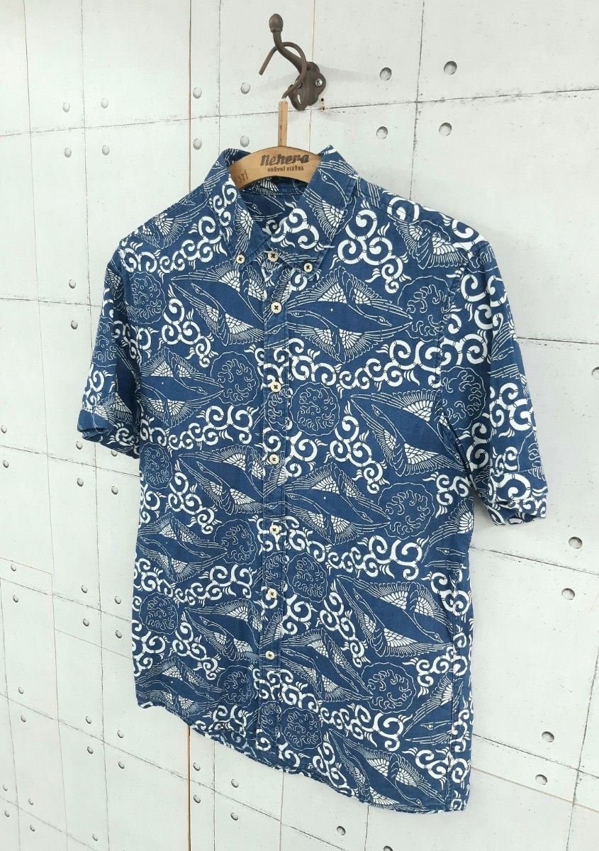 SALE! selling out!DENHAM FORD SHIRT SS IVKP indigo total pattern short sleeves shirt ten ham aloha shirt crane shirt flax linen