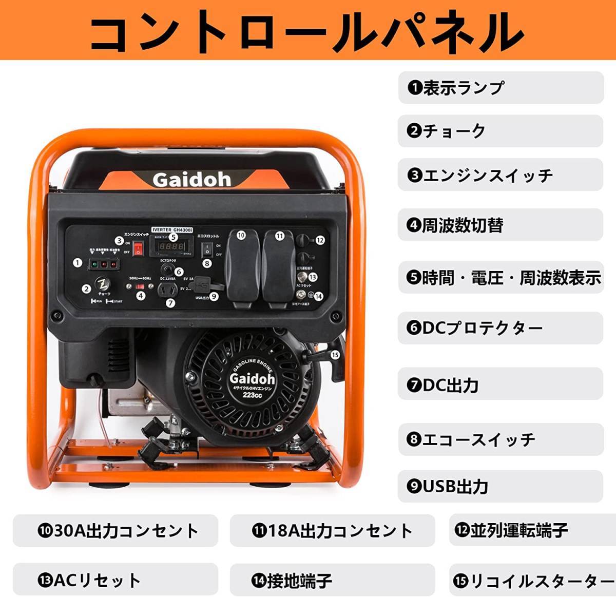 インバーター発電機 最大出力4.3kVA 高性能 静音 50Hz/60Hz切替 10L