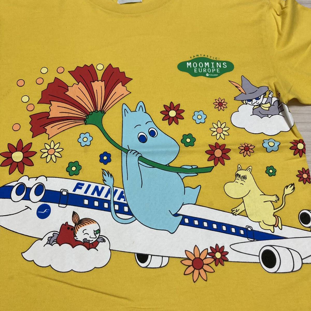 90s Vintage 非売品■MOOMIN ムーミン■フィンエアー Tシャツ フリーサイズ イエロー ミー　ムーミンパパ スナフキン ミー Finnair 限定品_画像5