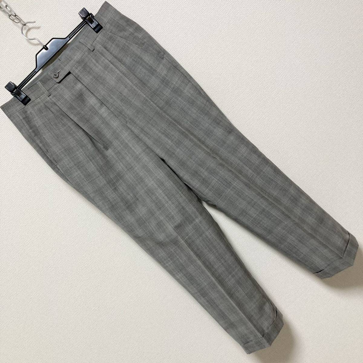 90s Vintage■LANVIN ランバン■ダブル セットアップ スーツ R44 A4 S グレー スーツ シャドーチェック 2タック ワイドパンツ 美品_画像6