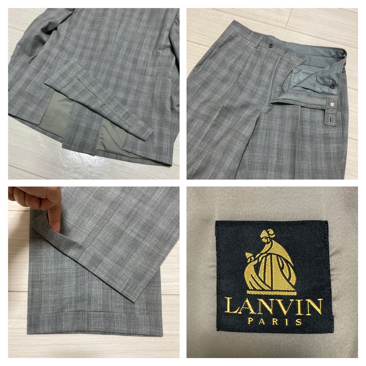 90s Vintage■LANVIN ランバン■ダブル セットアップ スーツ R44 A4 S グレー スーツ シャドーチェック 2タック ワイドパンツ 美品_画像10