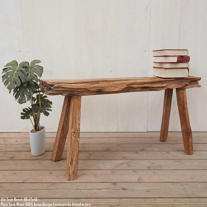 一点物 スツール 木製 96cm オールドチーク材 ベンチ 長椅子 木製いす 総無垢材 天然木 一枚板 アジアン家具 バリ家具