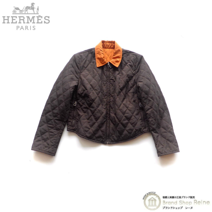  Hermes (HERMES) стеганое полотно двусторонний жакет блузон orange × Brown L размер женский ( б/у )