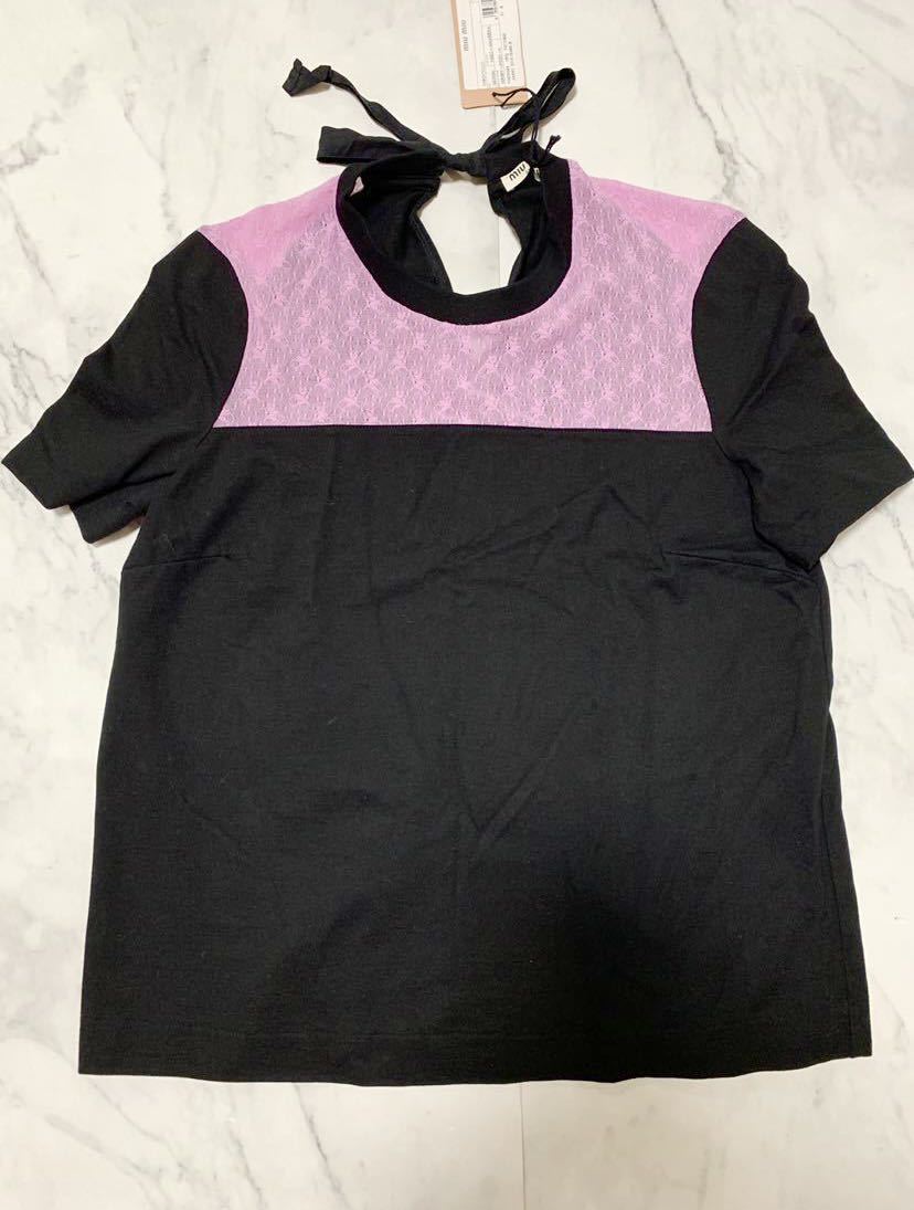 miumiuミュウミュウのピンクレース黒TシャツM美品_画像1