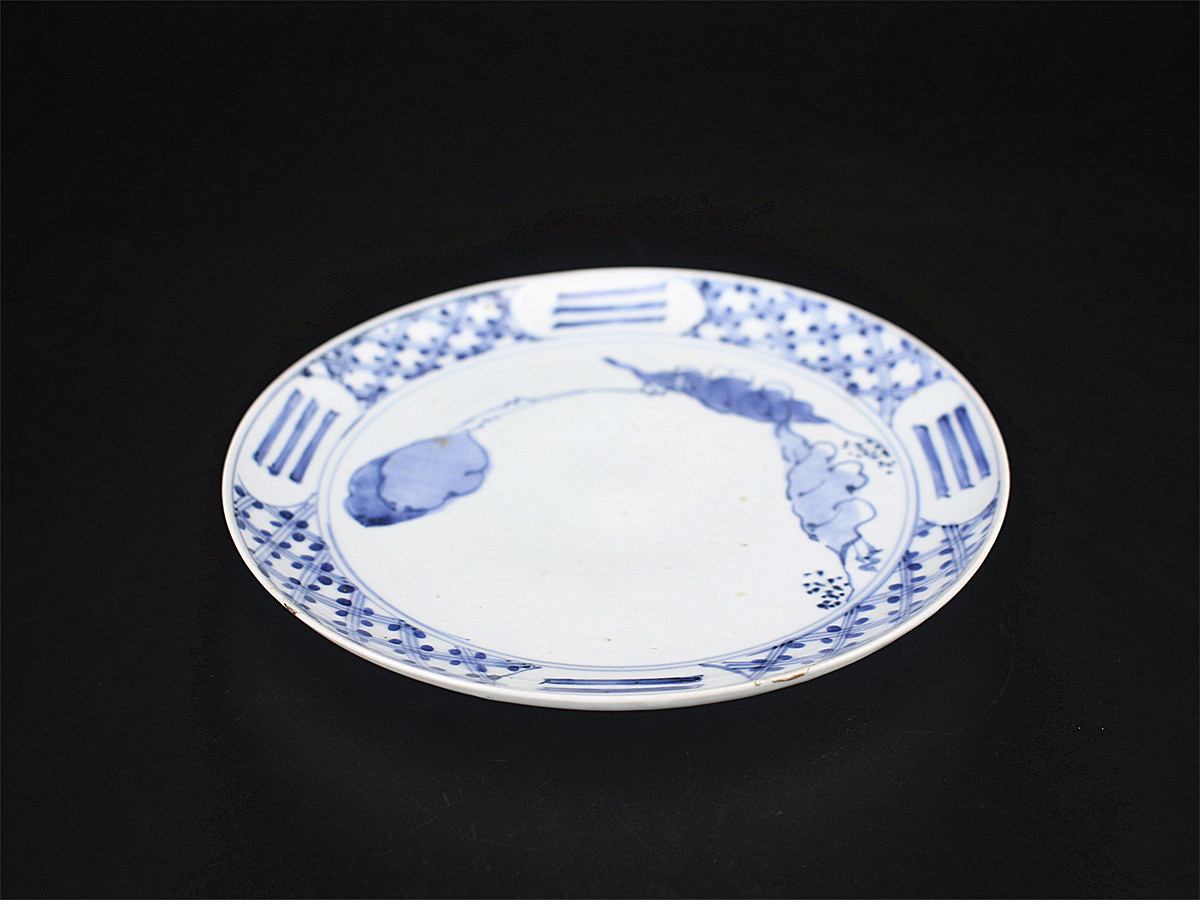 C9759 江戸時代 九谷焼 【藍九谷】 染付 草花紋 皿/箱付 時代の金善
