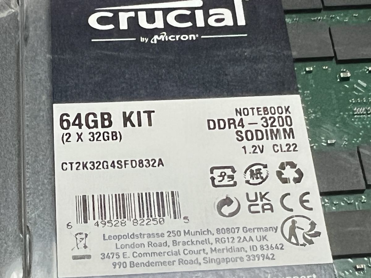 Crucial DDR4-3200SO 32G×2 64G メモリ　未使用品（間違って買ったため）_画像1