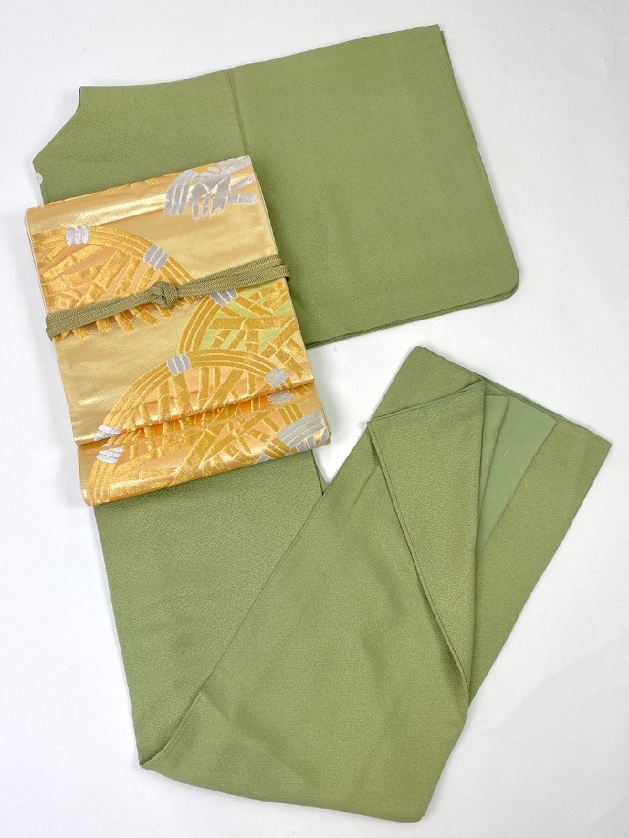 kimono ..1000 jpy start silk undecorated fabric double-woven obi obi shime set blue .. leaf color . color .. chair color yellow green net fee ground . gold semi formal Japanese clothes . height 155