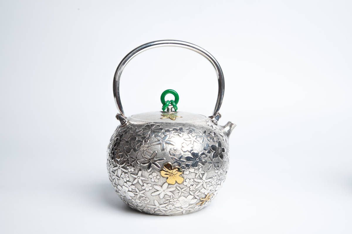 時代 純銀製 北村静香造 花弁紋 湯沸 工芸品 美術品 銀瓶 煎茶道具