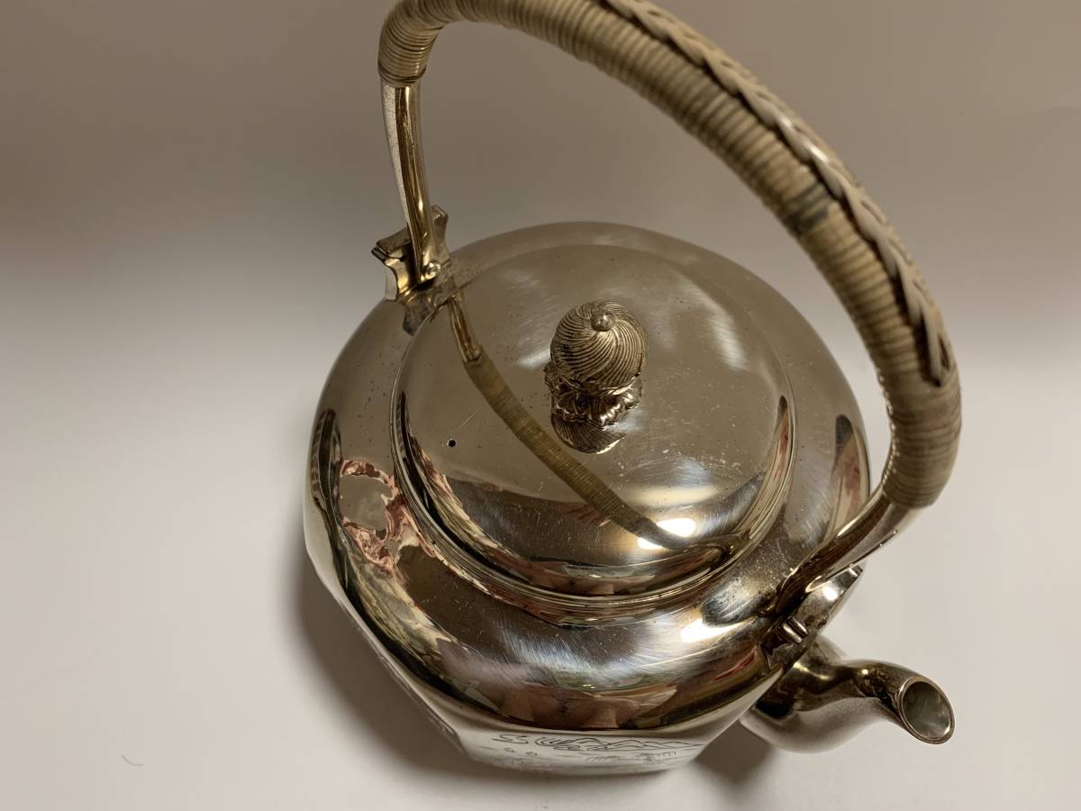 時代 純銀製 中川浄益造 八面取 萬千山水図彫 湯沸 工芸品 古美術品 銀瓶 煎茶道具