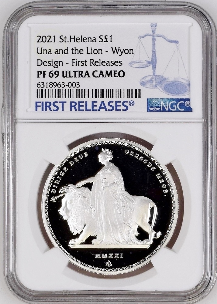 2021年 セントヘレナ ウナとライオン 1ポンド 1オンス 1oz プルーフ銀貨 NGC PF69 UC First Releases マスターピースコレクション イギリス_画像1