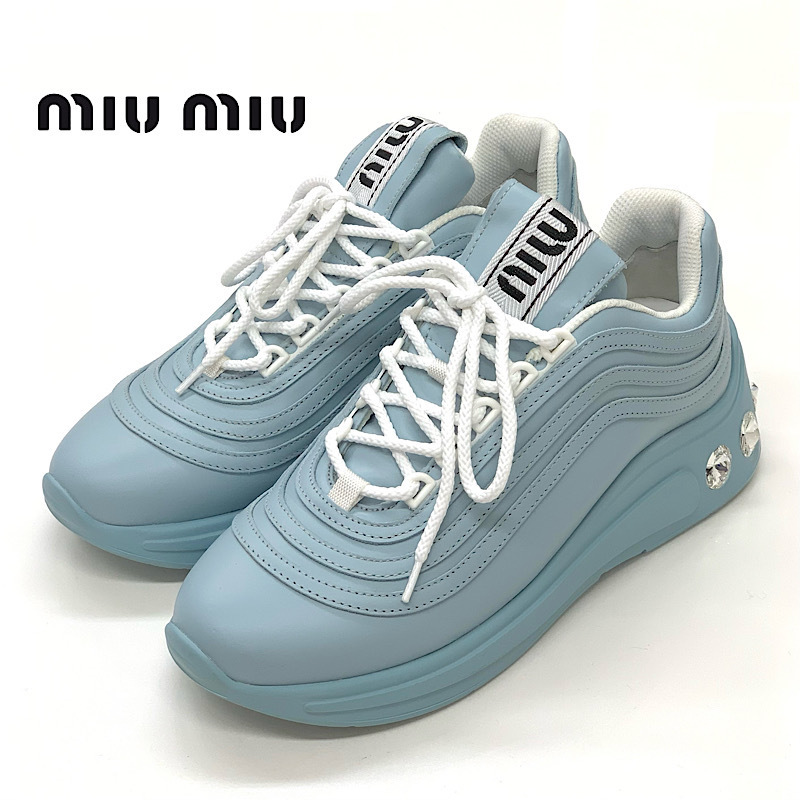 6327 MiuMiu leather biju- Logo thickness bottom sneakers light blue 