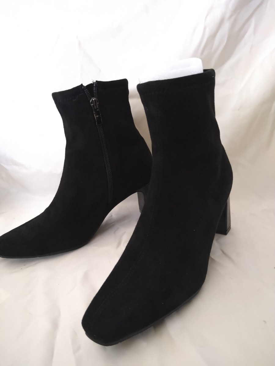  new goods [L] metal rouge square tu plate heel short boots stretch maaRu black suede 