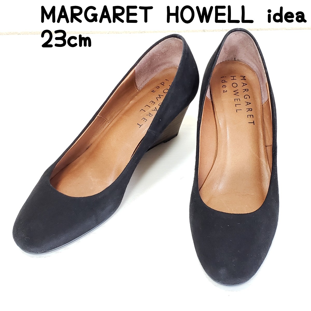 美品◆MARGARET HOWELL idea マーガレットハウエル アイデア ウェッジソール スウェードレザーパンプス ローヒール(23.0cm)黒ブラック BLK_画像1